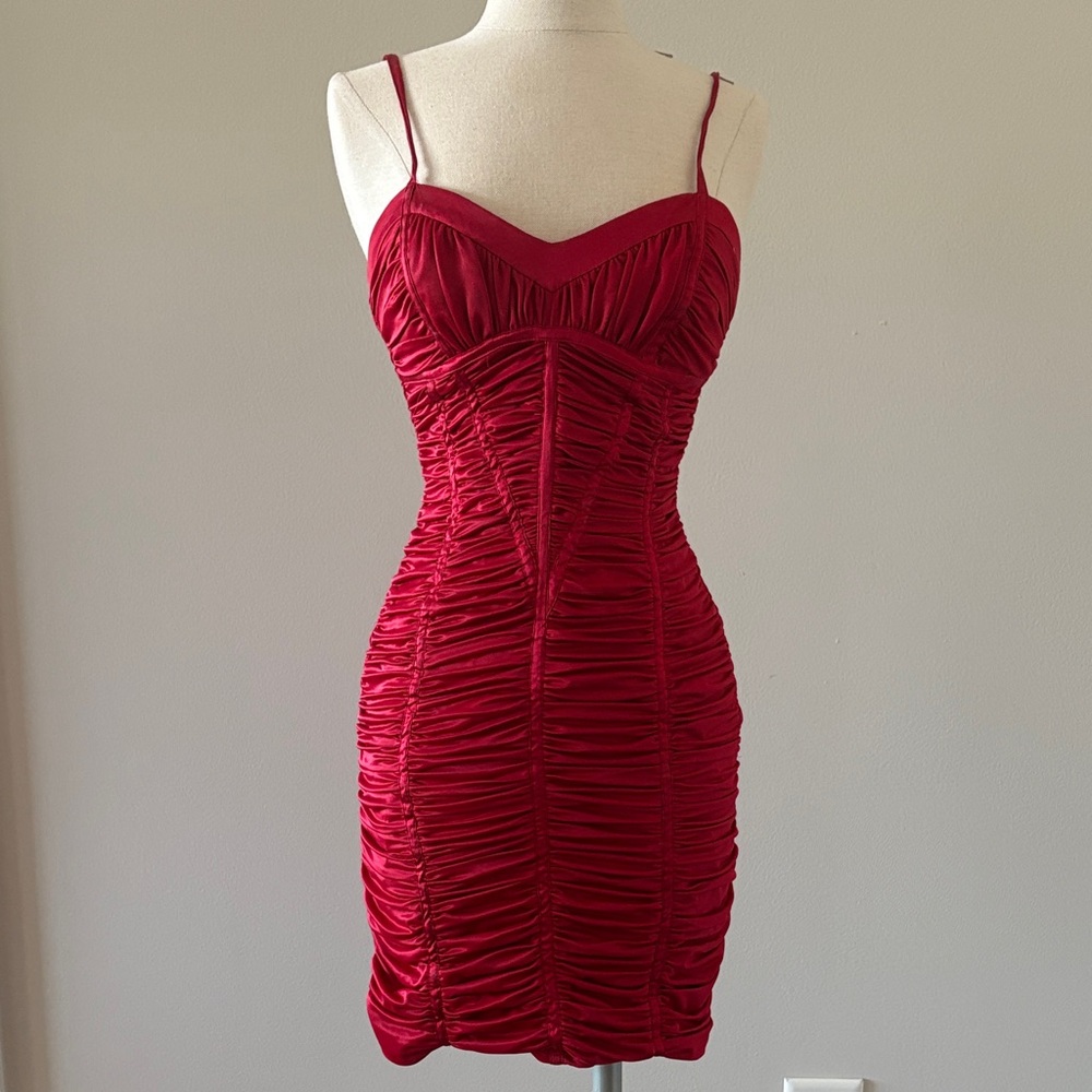bebe Red Ruched Spaghetti-Strap Mini Dress